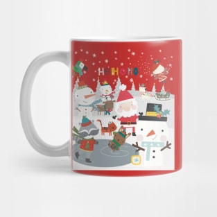 Fun greeting card with Santa and friends having a Christmas party outside Mug